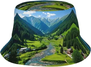 Alpine Scenery Vivid Sky Above Print Bucket Hat for Women Men Summer Bucket Hat Sun Hat for Trips Camping Hiking Fishing