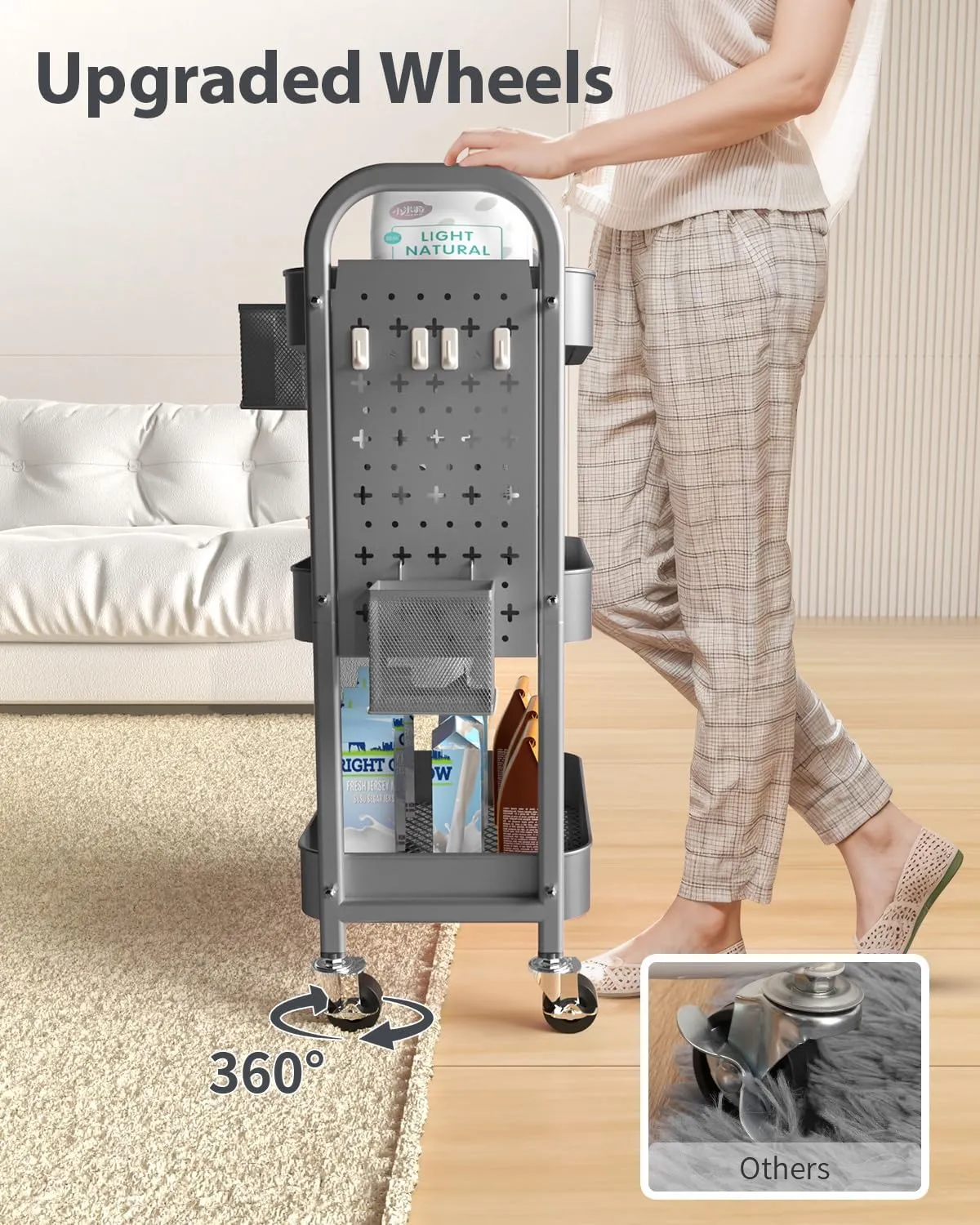 ALVOROG 3 Tier Rolling Cart with DIY Pegboards Metal Utility Cart with Wheels Handles Baskets Hooks, Storage Cart for Office Kitchen Bathroom(Gray)