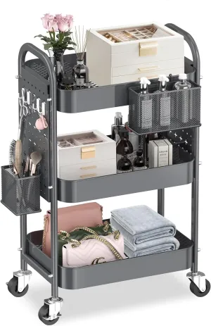 ALVOROG 3 Tier Rolling Cart with DIY Pegboards Metal Utility Cart with Wheels Handles Baskets Hooks, Storage Cart for Office Kitchen Bathroom(Gray)