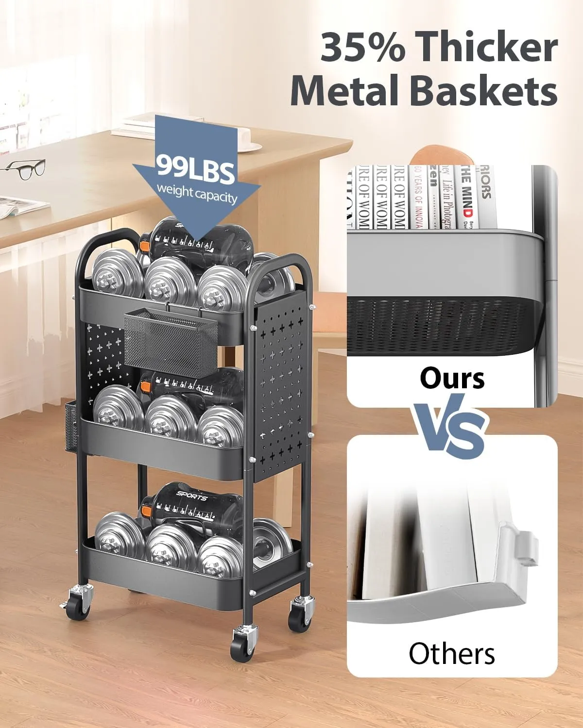ALVOROG 3 Tier Rolling Cart with DIY Pegboards Metal Utility Cart with Wheels Handles Baskets Hooks, Storage Cart for Office Kitchen Bathroom(Gray)