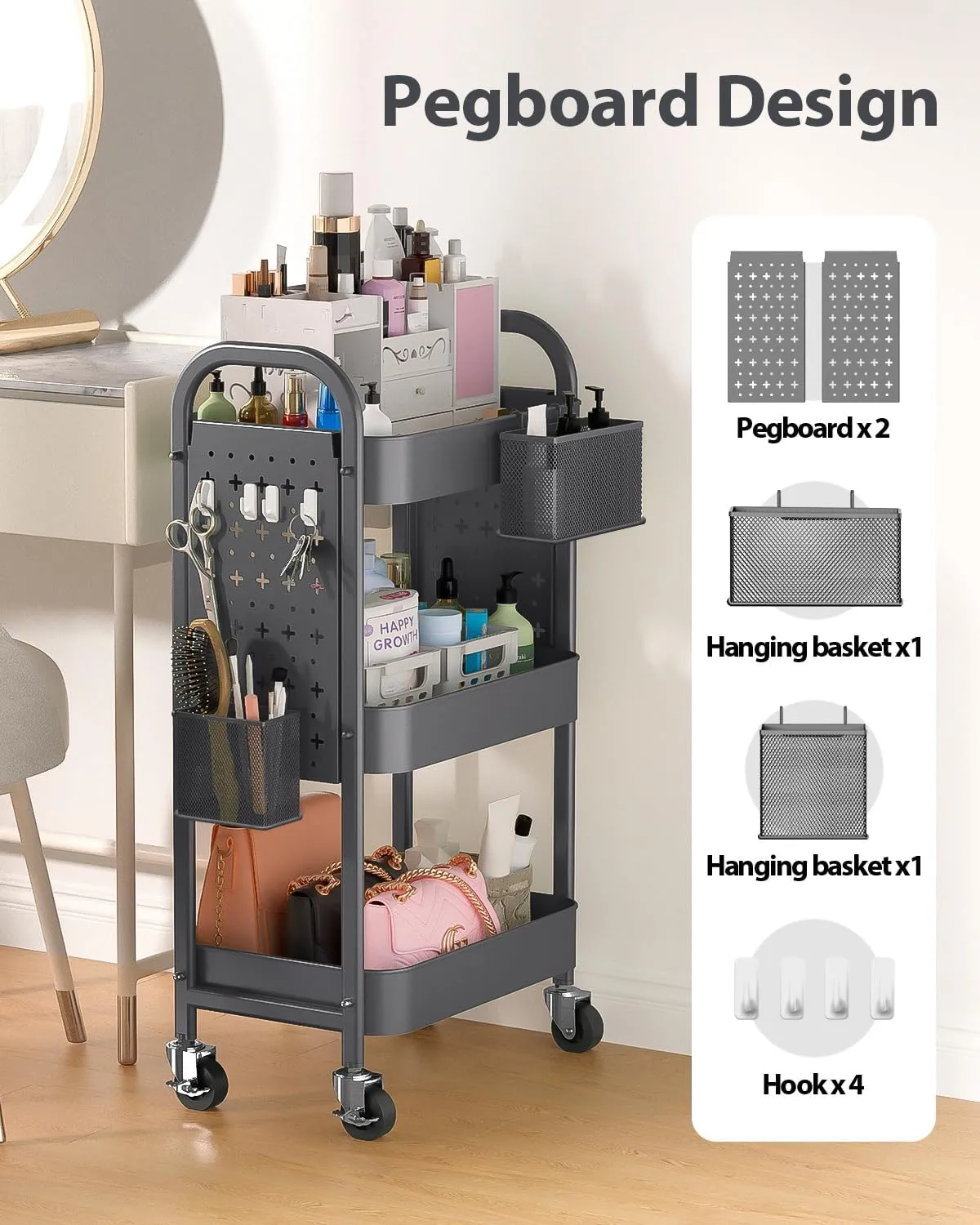 ALVOROG 3 Tier Rolling Cart with DIY Pegboards Metal Utility Cart with Wheels Handles Baskets Hooks, Storage Cart for Office Kitchen Bathroom(Gray)