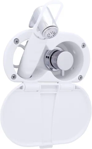 Ambassador Marine Aidack- Transom Shower (Hot/Cold Mixer), Arctic White Cup & Lid, Hammer-Head Arctic White Sprayer, 6' White Rubber Hose, Chrome Aidack Handle - 136-1712-AW-W
