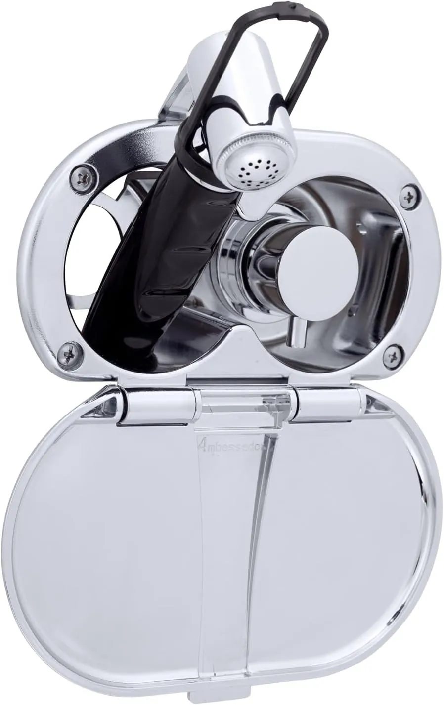 Ambassador Marine Aidack- Transom Shower (Hot/Cold Mixer), Chrome Cup & Lid, Hammer-Head Black Sprayer, 6' Stainless Steel Hose, Chrome Aidack Handle - 136-1716-CP-W