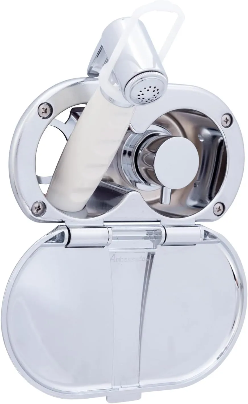 Ambassador Marine Aidack- Transom Shower (Hot/Cold Mixer), Chrome Cup & Lid, Hammer-Head Warm White Sprayer, 10' White Rubber Hose, Chrome Aidack Handle - 136-1714-CW-W