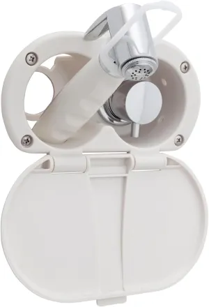 Ambassador Marine Aidack- Transom Shower (Hot/Cold Mixer), Warm White Cup & Lid, Hammer-Head Warm White Sprayer, 10' White Rubber Hose, Chrome Aidack Handle - 136-1714-WH-W