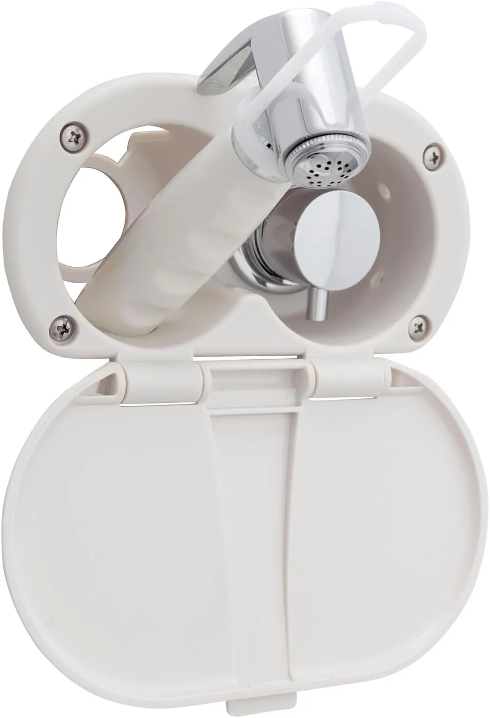 Ambassador Marine Aidack- Transom Shower (Hot/Cold Mixer), Warm White Cup & Lid, Hammer-Head Warm White Sprayer, 10' White Rubber Hose, Chrome Aidack Handle - 136-1714-WH-W
