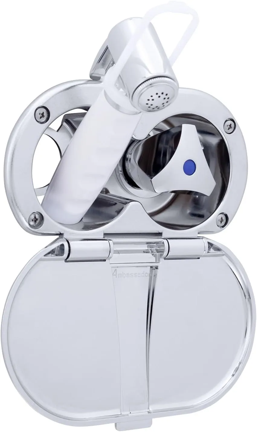 Ambassador Marine Trinidad- Transom Shower (Cold Only), Chrome Cup & Lid, Hammer-Head Arctic White Sprayer, 10' White Rubber Hose, Chrome Trinidad Handle - 136-0214-CA-W