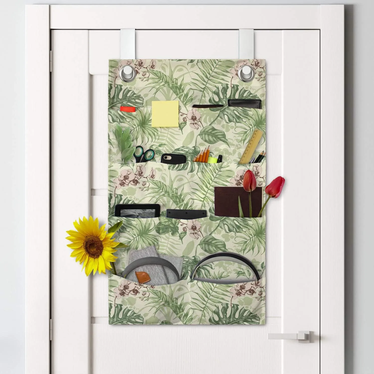 Ambesonne Floral Hanging Pocket Organizer, Hand Drawn Demonstration of Various Leaves and Flowers, Printed Polyester Storage Bag with Pockets, 21" x 31", Cream Multicolor