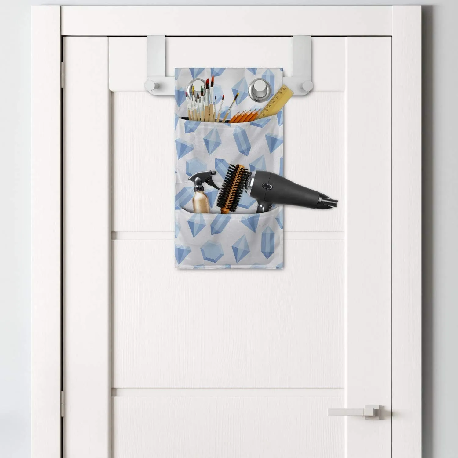 Ambesonne Geology Hanging Pocket Organizer, Plain Background with Gemstones Monochrome Style Composition, Printed Polyester Storage Bag with Pockets, 9" x 16", Pale Blue Pale Blue
