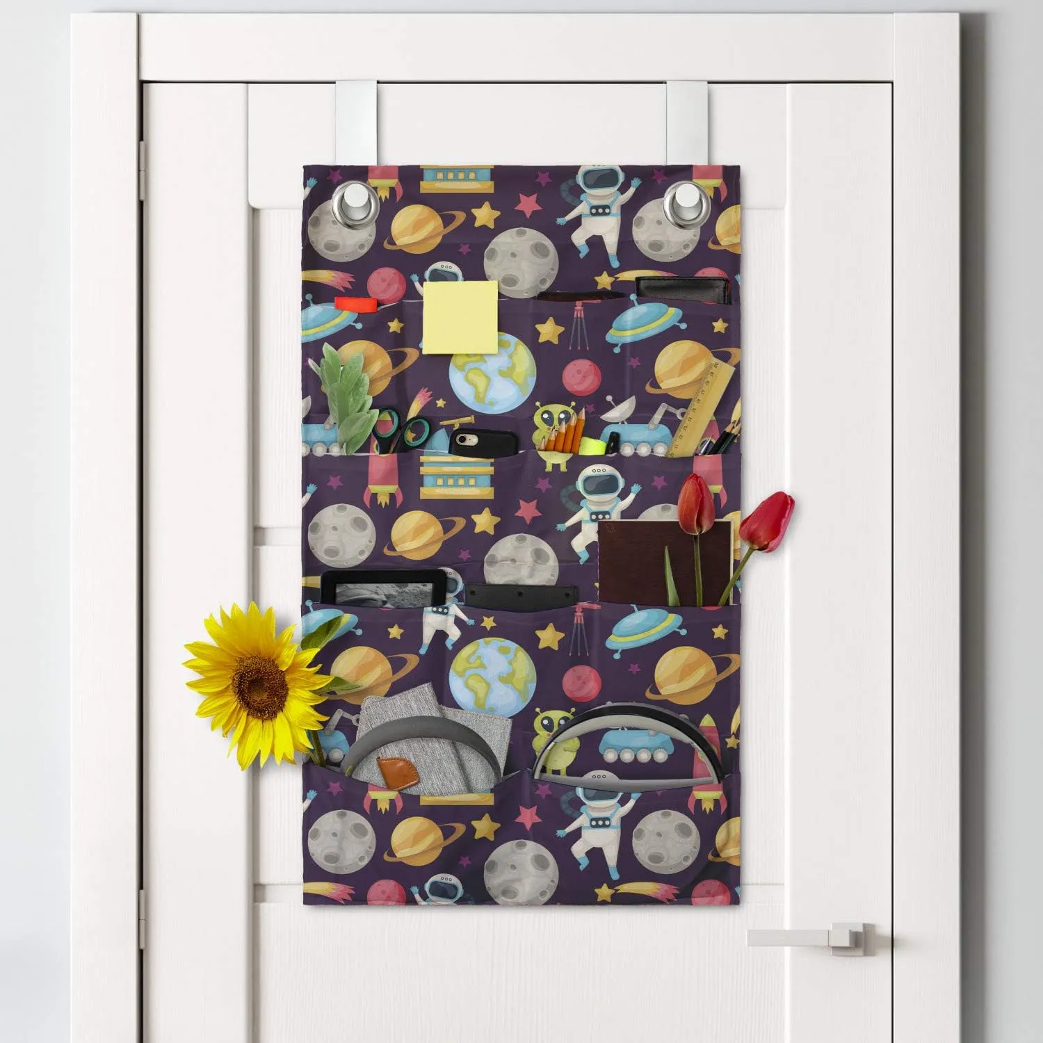 Ambesonne Outer Space Hanging Pocket Organizer, Galaxy Party Pattern UFO Aliens Telescope Cosmos Milky Way Mercury Neptune, Printed Polyester Storage Bag with Pockets, 21" x 31", Multicolor