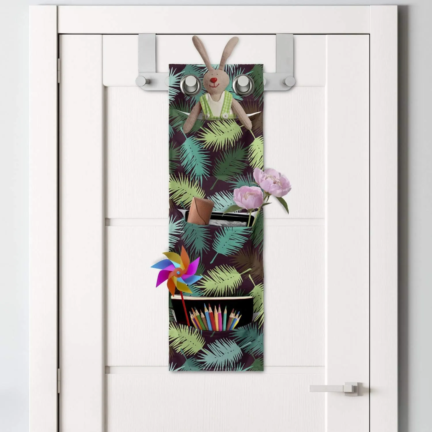 Ambesonne Tropical Hanging Pocket Organizer, Exotic Torbay Palm Tree Leaves Silhouette Vibrant Greenery Tonal Negative Effect, Printed Polyester Storage Bag with Pockets, 9" x 27", Multicolor