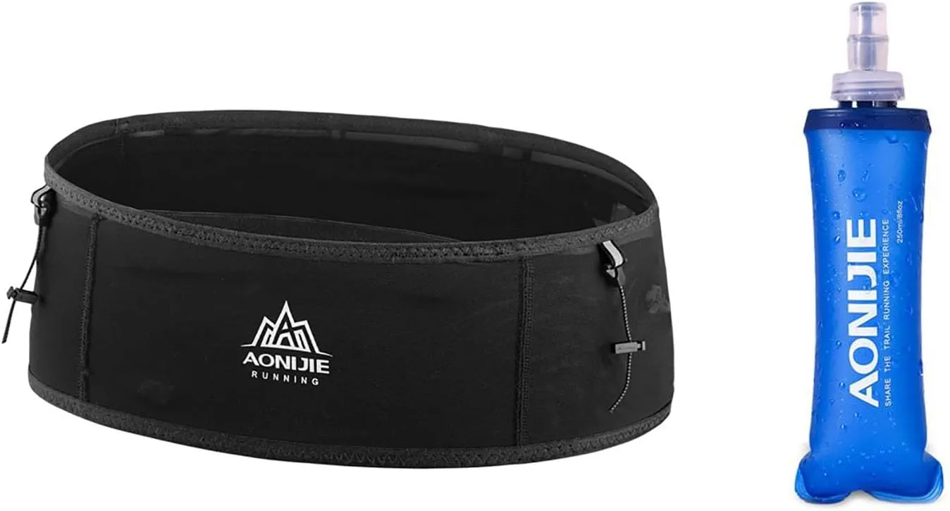 AONIJIE Running hydration belt, waist bag with 250ml soft water bottle, multifunctional suitable for trail running and mountaineering (Black,L/XL)