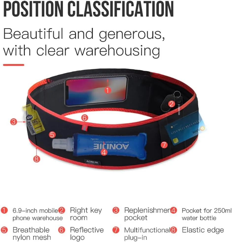 AONIJIE Running hydration belt, waist bag with 250ml soft water bottle, multifunctional suitable for trail running and mountaineering (Black,L/XL)