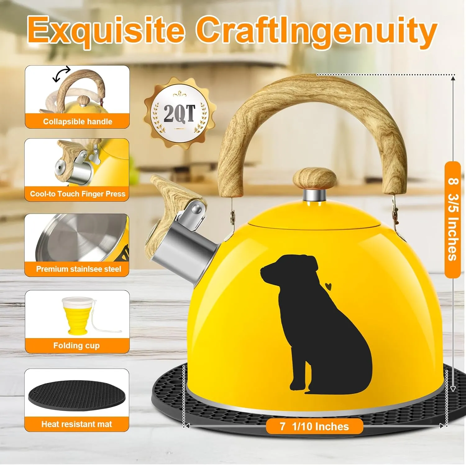 ARC Stainless Steel 2-Quart Whistling Yellow Tea Kettle with Magic Color Changing Design, Stovetop Teapot With Folding Cup & Trivet Mat