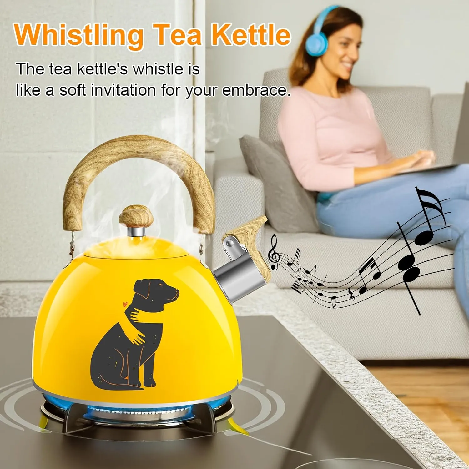 ARC Stainless Steel 2-Quart Whistling Yellow Tea Kettle with Magic Color Changing Design, Stovetop Teapot With Folding Cup & Trivet Mat