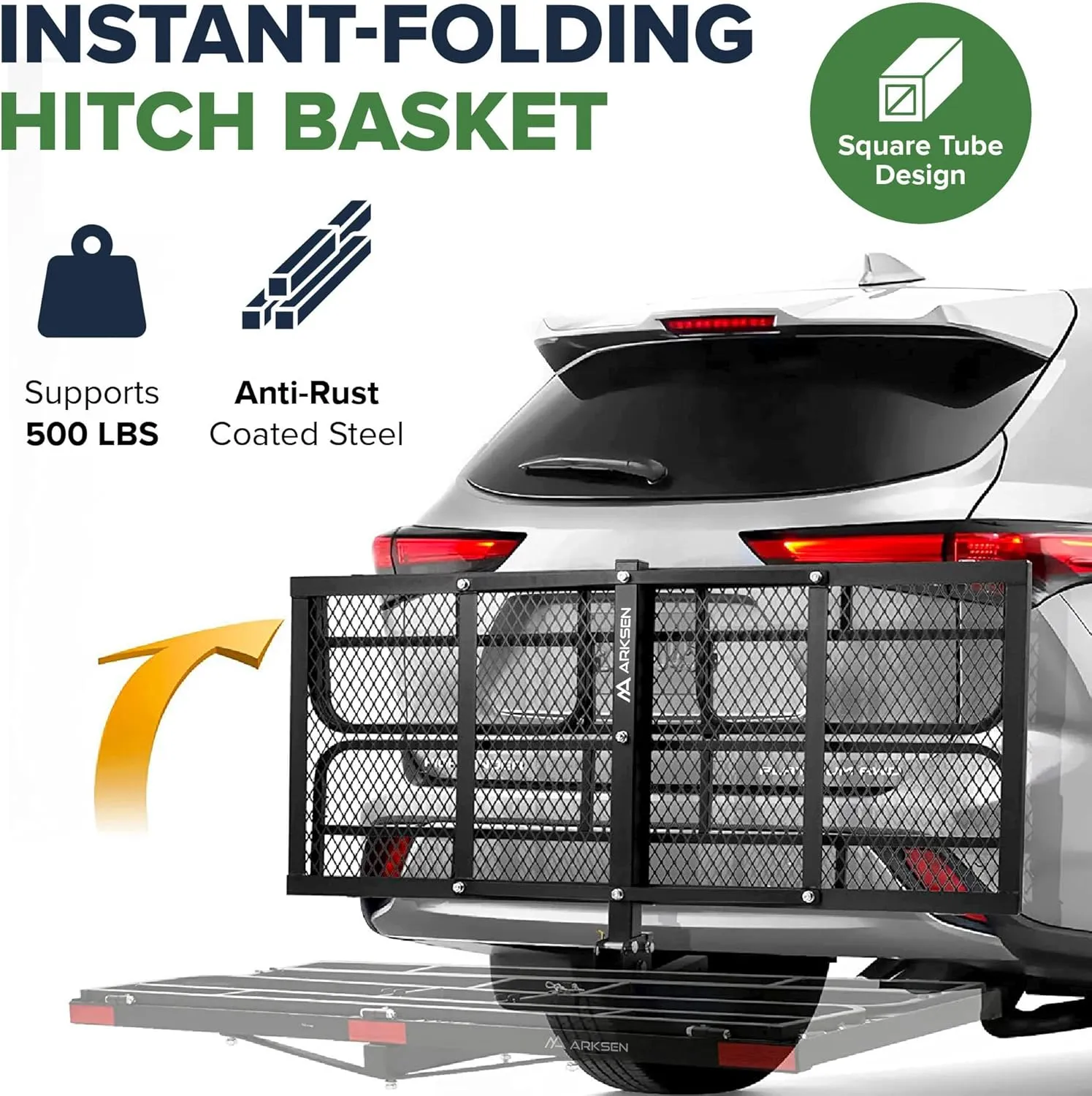 ARKSEN 60" x 25" x 14" Folding Cargo Rack Carrier with 500D PVC Waterproof Cargo Bag 500 Lbs Heavy Duty Capacity 2 Inch Receiver Luggage Basket Hitch Fold Up for SUV Pickup Camping Traveling
