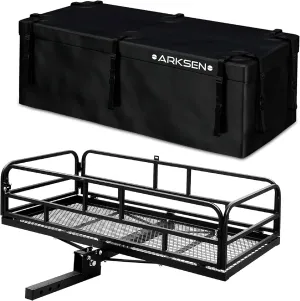 ARKSEN 60" x 25" x 14" Folding Cargo Rack Carrier with 500D PVC Waterproof Cargo Bag 500 Lbs Heavy Duty Capacity 2 Inch Receiver Luggage Basket Hitch Fold Up for SUV Pickup Camping Traveling