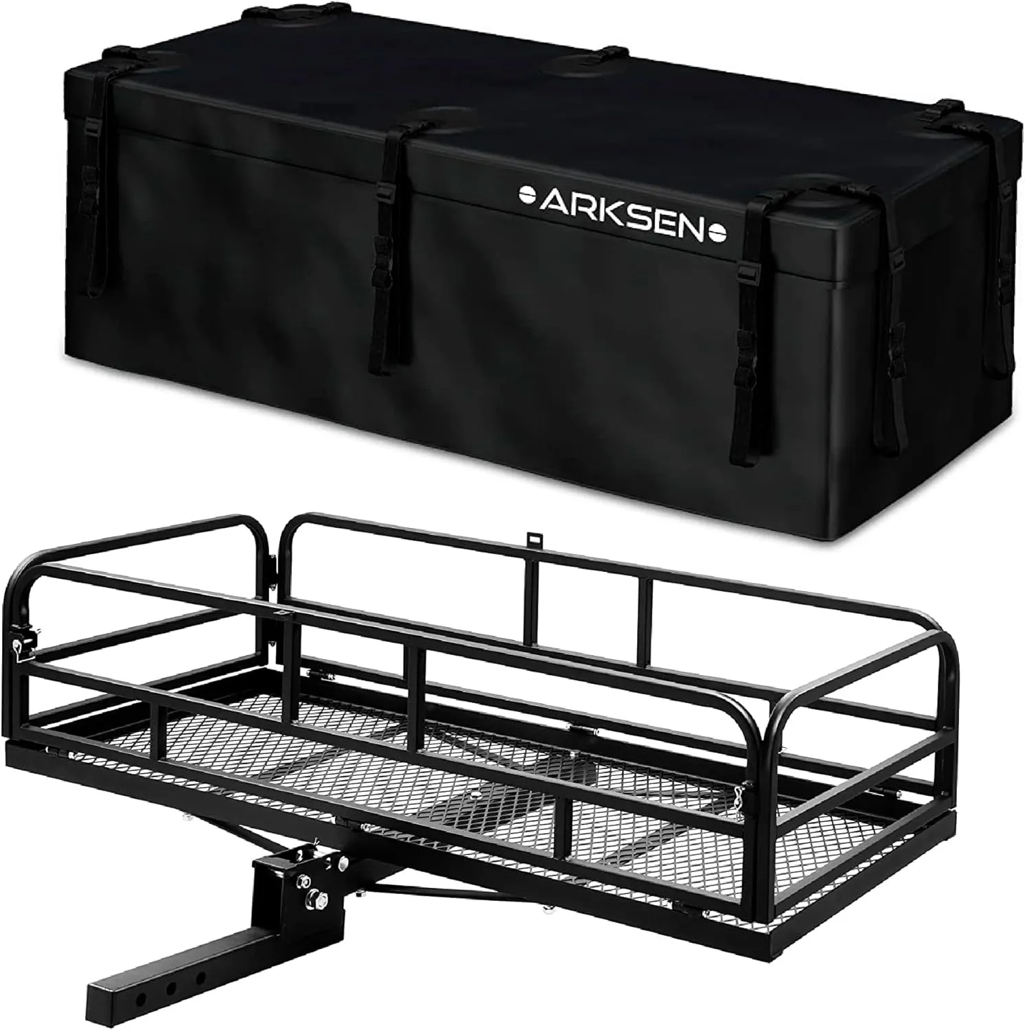 ARKSEN 60" x 25" x 14" Folding Cargo Rack Carrier with 500D PVC Waterproof Cargo Bag 500 Lbs Heavy Duty Capacity 2 Inch Receiver Luggage Basket Hitch Fold Up for SUV Pickup Camping Traveling