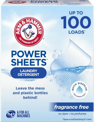 ARM & HAMMER Power Sheets Laundry Detergent, Fragrance Free, Dermatologist Tested Concentrated Laundry Detergent Sheets, 50 Count, up to 100 Small Loads
