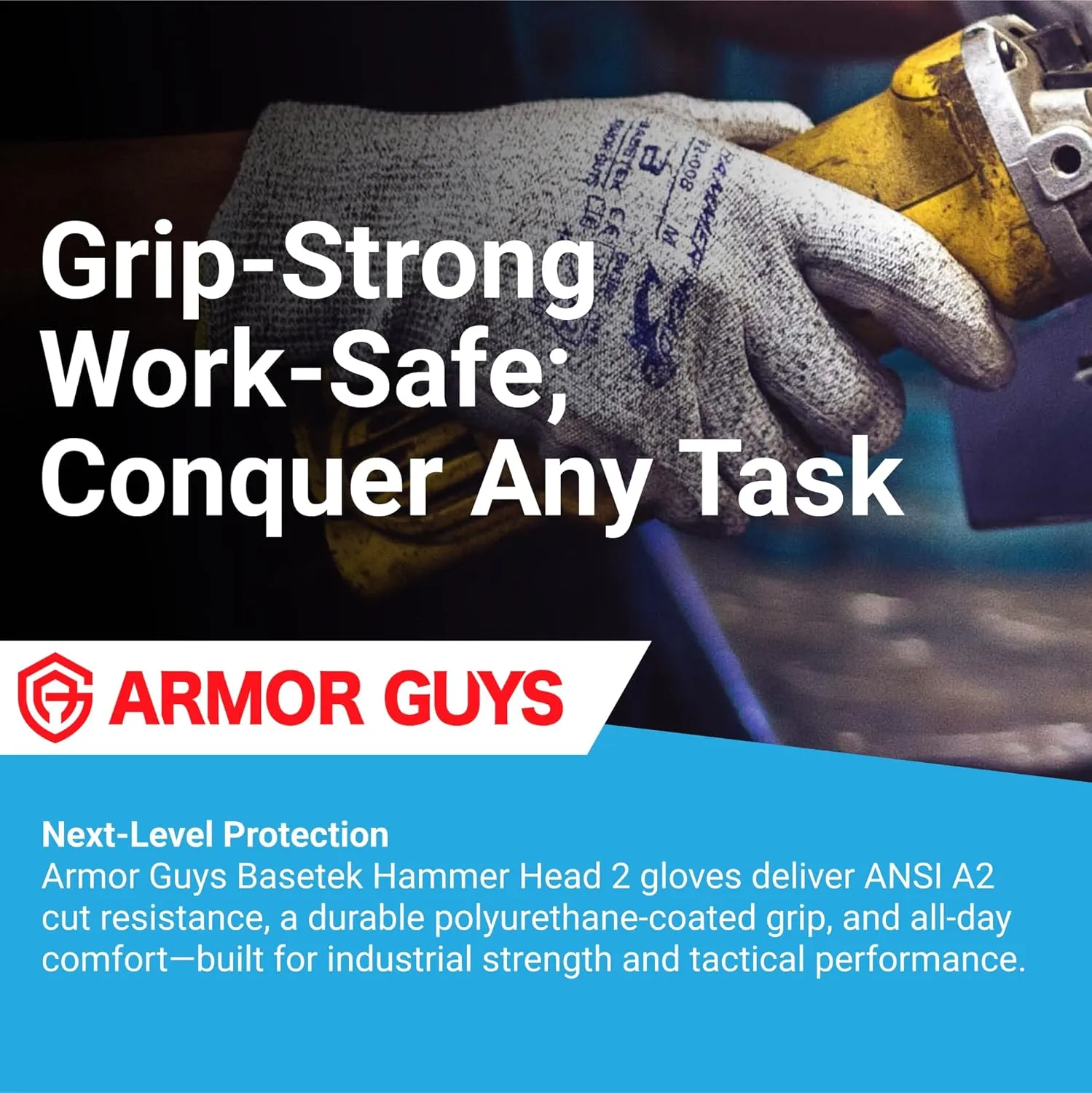 Armor Guys Hammer Head 2 Basetek Heavy-Duty Work Gloves - ANSI A2 Cut Resistant, Polyurethane Coating for Superior Grip - Ideal for Construction, Automotive & Appliance Manufacturing - Size M, 12/PK