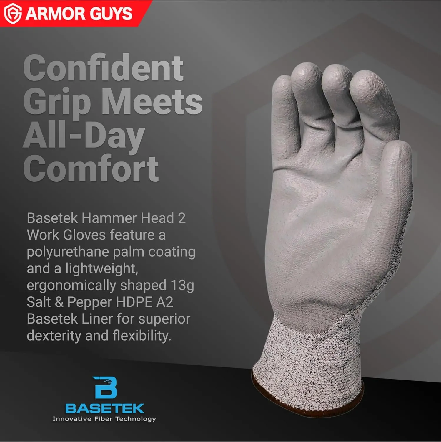 Armor Guys Hammer Head 2 Basetek Heavy-Duty Work Gloves - ANSI A2 Cut Resistant, Polyurethane Coating for Superior Grip - Ideal for Construction, Automotive & Appliance Manufacturing - Size M, 12/PK
