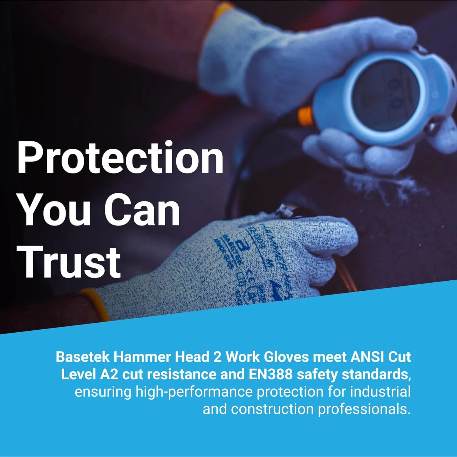 Armor Guys Hammer Head 2 Basetek Heavy-Duty Work Gloves - ANSI A2 Cut Resistant, Polyurethane Coating for Superior Grip - Ideal for Construction, Automotive & Appliance Manufacturing - Size M, 12/PK