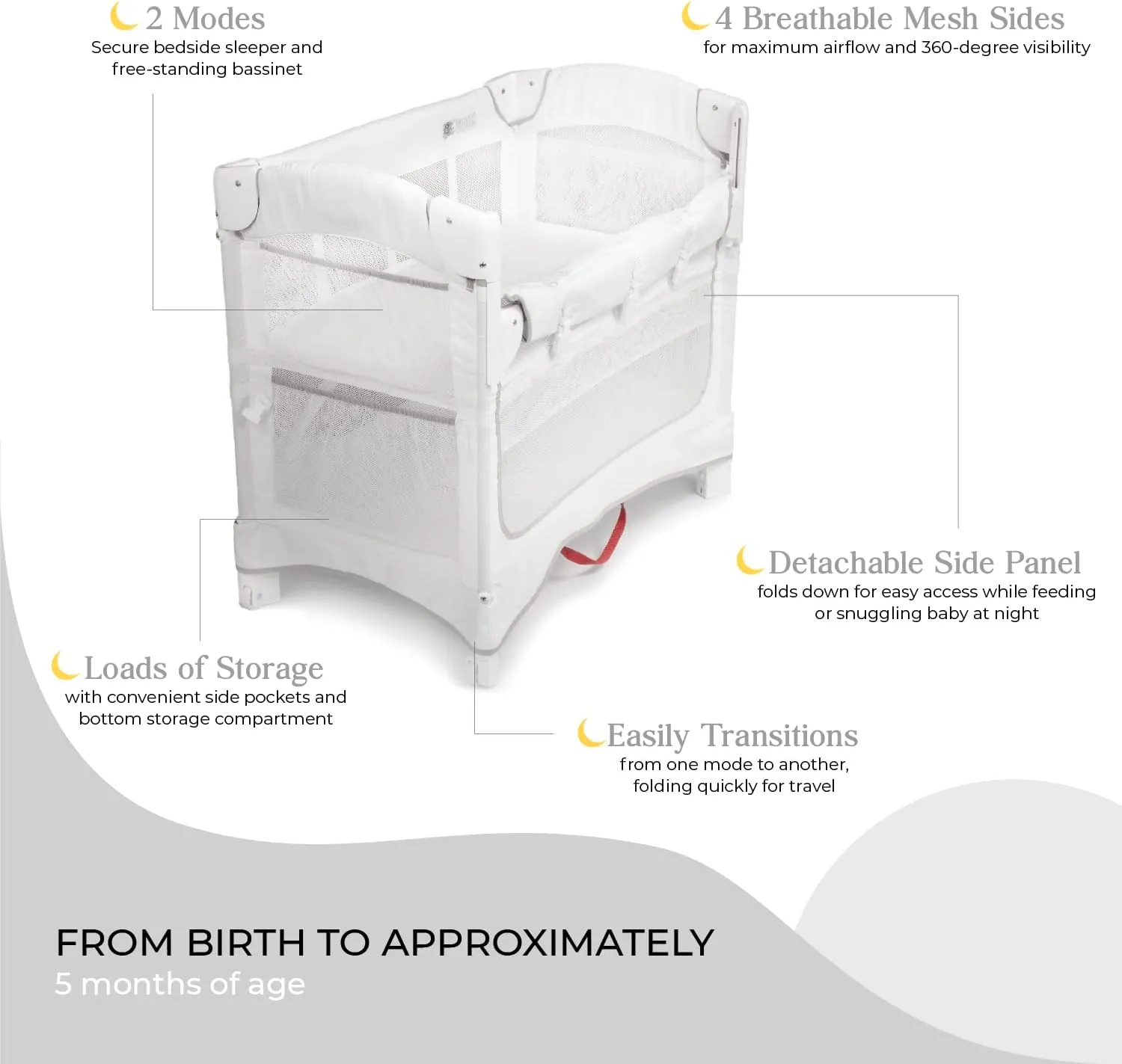 Arm’s Reach Mini Ezee 2 in 1 Co-Sleeper Bedside Bassinet Featuring Breathable Mesh Side Panels with 2 Wheels for Portability, Side Pockets, and Bottom Storage, White