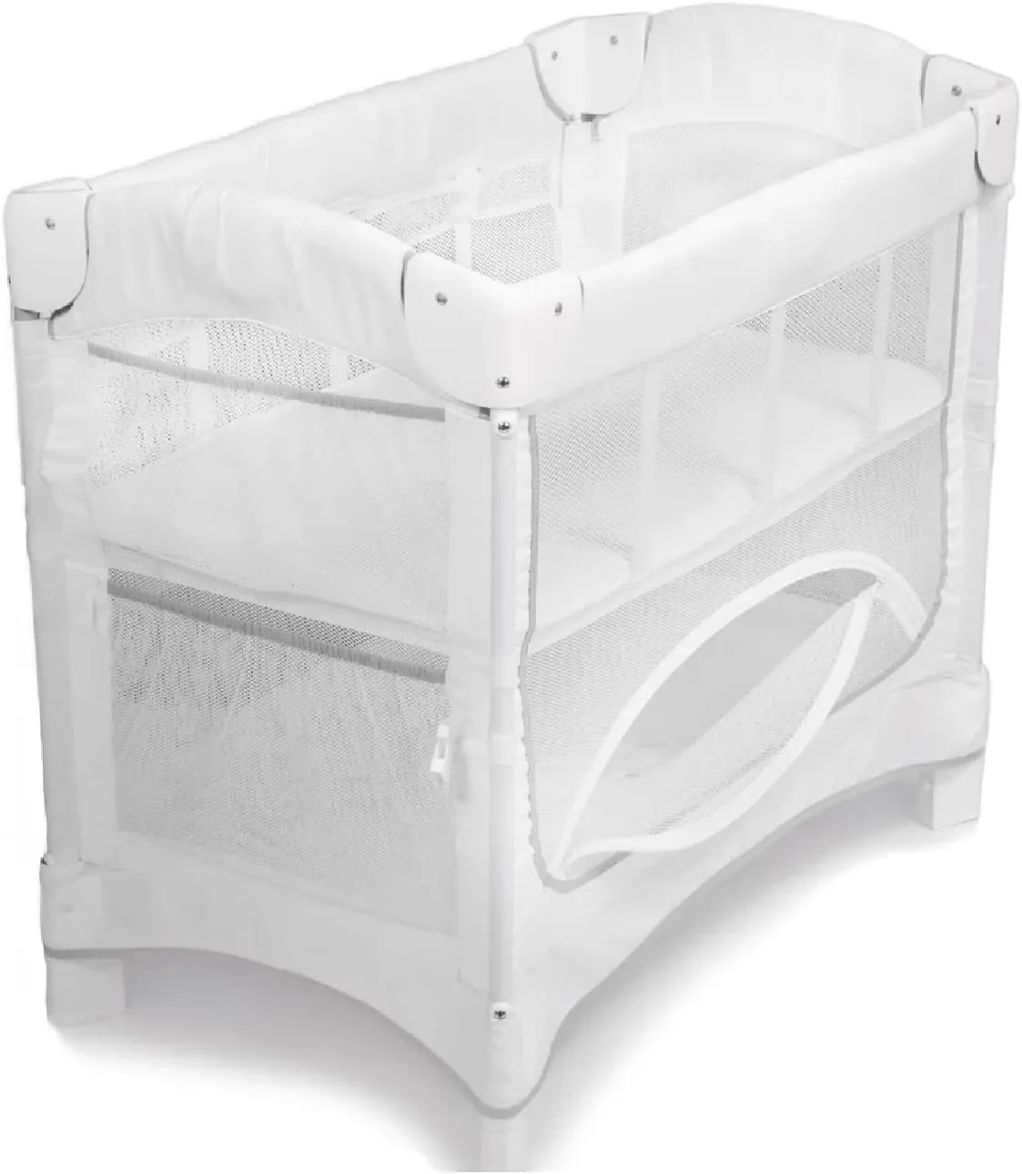 Arm’s Reach Mini Ezee 2 in 1 Co-Sleeper Bedside Bassinet Featuring Breathable Mesh Side Panels with 2 Wheels for Portability, Side Pockets, and Bottom Storage, White