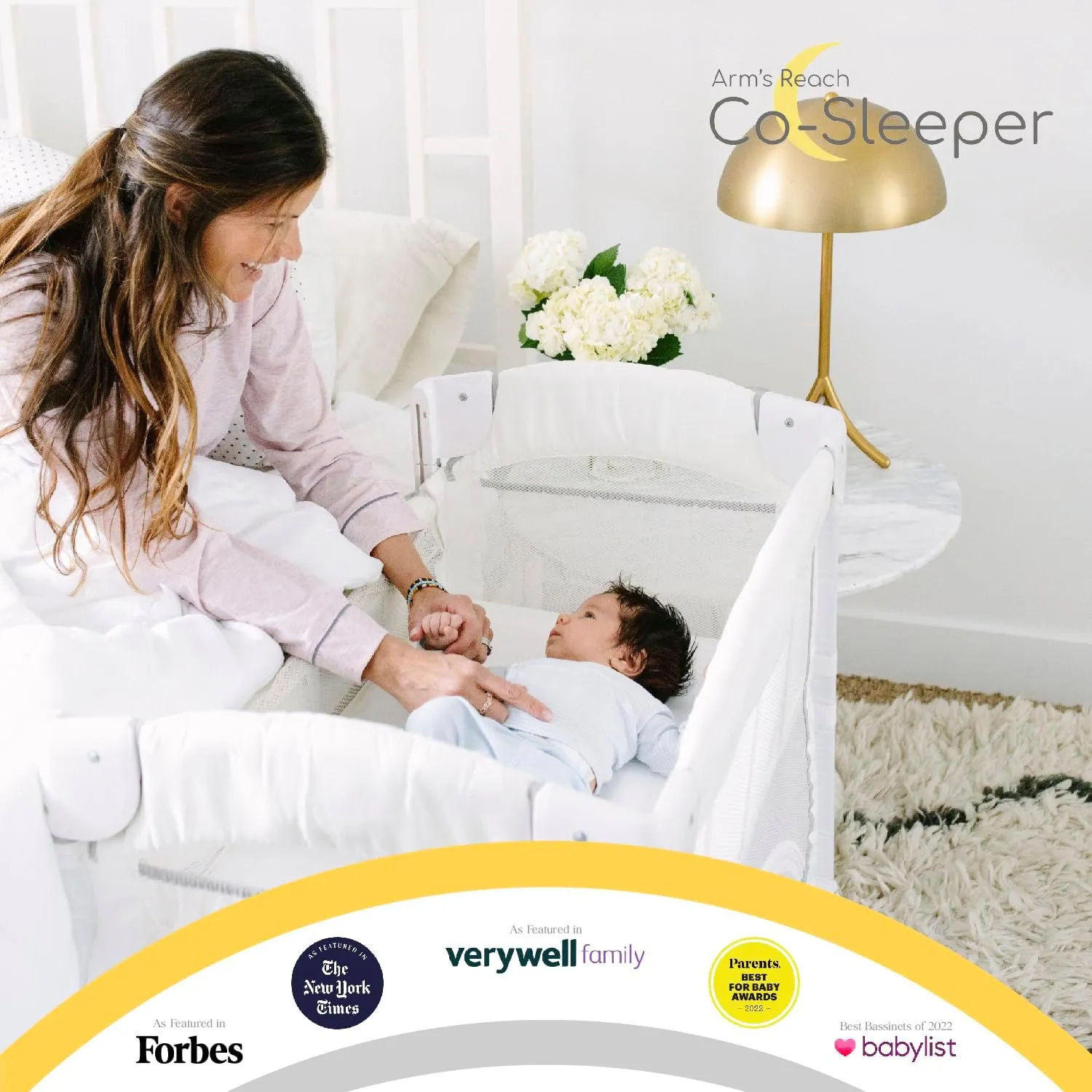 Arm’s Reach Mini Ezee 2 in 1 Co-Sleeper Bedside Bassinet Featuring Breathable Mesh Side Panels with 2 Wheels for Portability, Side Pockets, and Bottom Storage, White