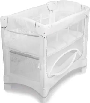 Arm’s Reach Mini Ezee 2 in 1 Co-Sleeper Bedside Bassinet Featuring Breathable Mesh Side Panels with 2 Wheels for Portability, Side Pockets, and Bottom Storage, White