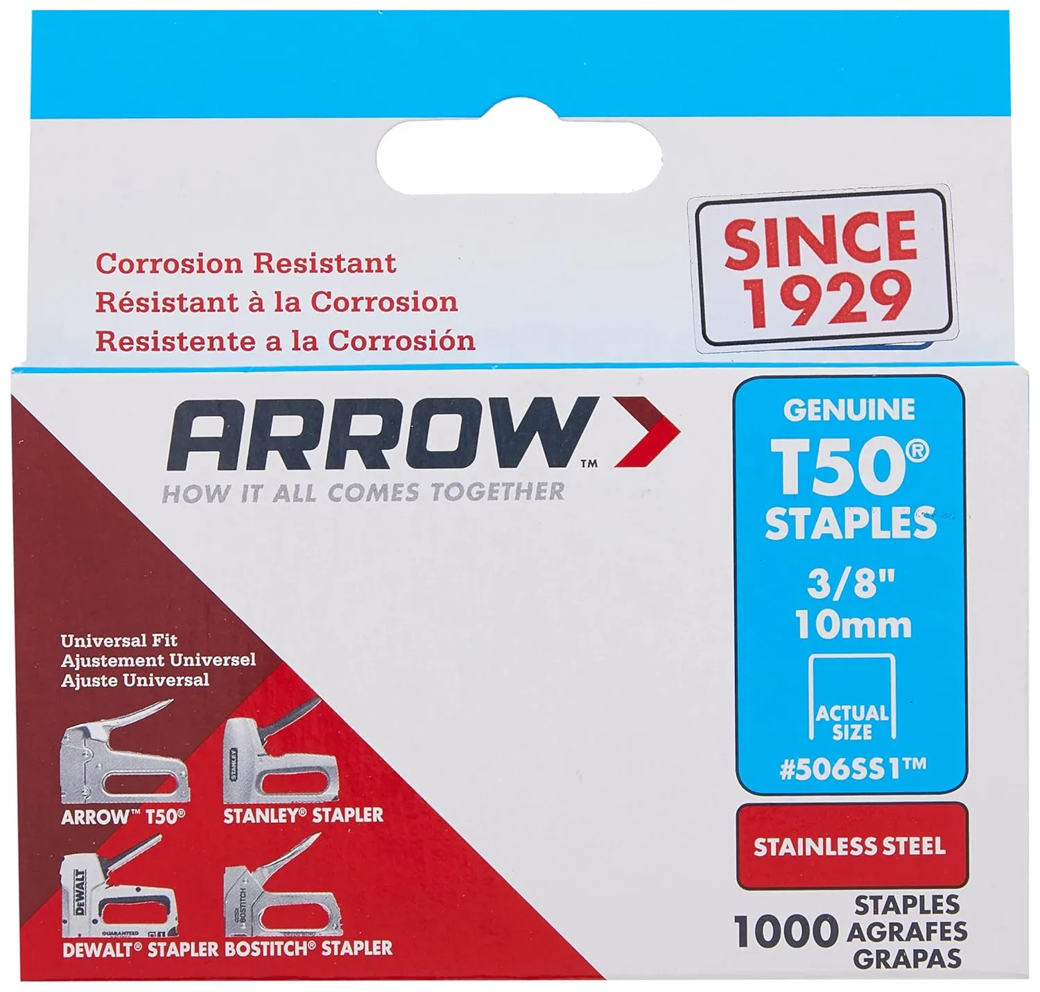 Arrow Fastener 506SS1 Heavy Duty T50 Stainless Steel Staples for Upholstery, Construction, Furniture, Crafts, 3/8-Inch Leg 3/8-Inch Crown Size,Length, 1000 Count (Pack of 1)