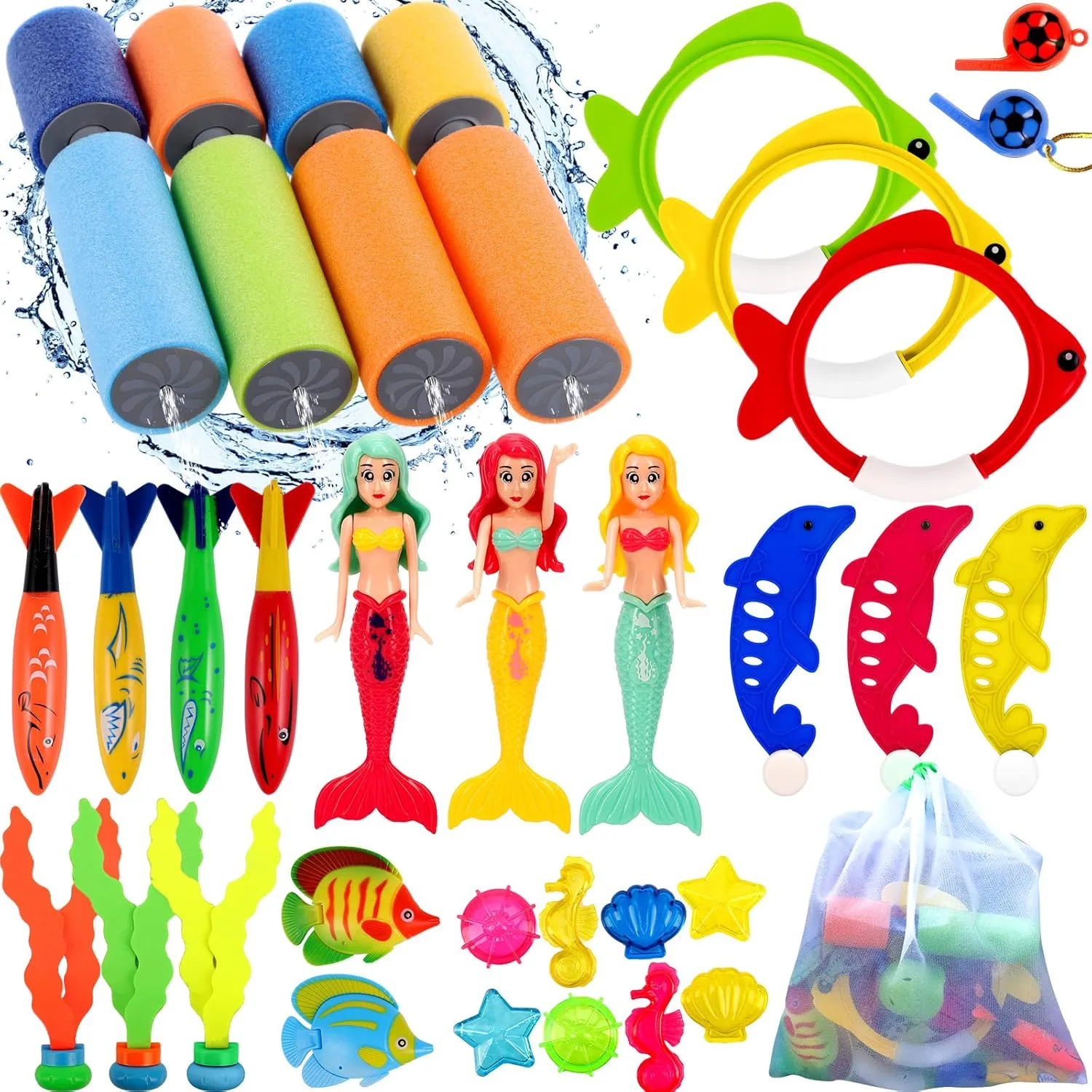 ASONA Pool Diving Toys for Kids Toddler Age 3-4 4-8 8-12 Swim Toys Set with 4 Water Squirt Gun, Mermaid Pool Toy Diving Rings Sticks Diving Gems Fish Toys, Storage Bag, Pool Game Toy for Girls or Boys