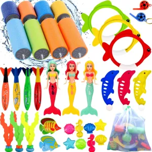 ASONA Pool Diving Toys for Kids Toddler Age 3-4 4-8 8-12 Swim Toys Set with 4 Water Squirt Gun, Mermaid Pool Toy Diving Rings Sticks Diving Gems Fish Toys, Storage Bag, Pool Game Toy for Girls or Boys