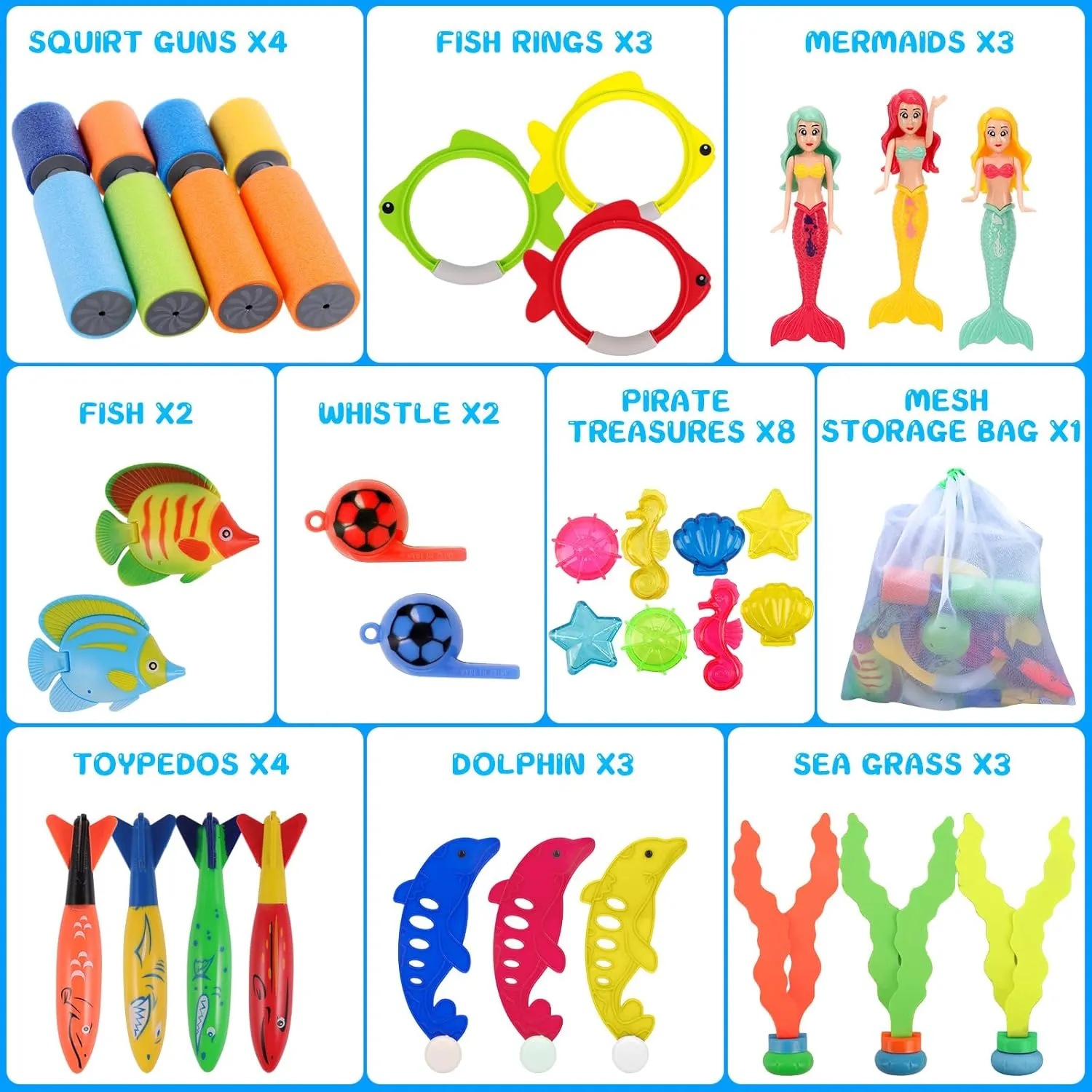ASONA Pool Diving Toys for Kids Toddler Age 3-4 4-8 8-12 Swim Toys Set with 4 Water Squirt Gun, Mermaid Pool Toy Diving Rings Sticks Diving Gems Fish Toys, Storage Bag, Pool Game Toy for Girls or Boys