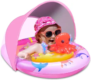 Baby Pool Float - Inflatable Float with Canopy UPF50  Sun Protection - Infant Toddler Swim Float with Toy Play Console for Kids Girls Boys Aged 6-36 Months-Pink