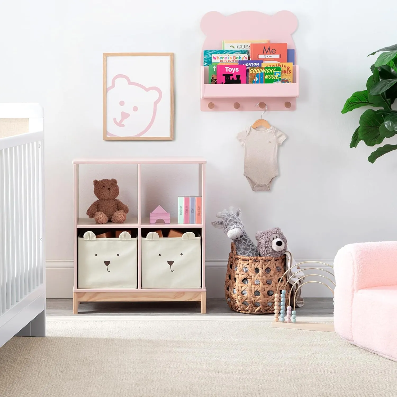 babyGap by Delta Children Brannan Bear Wall Shelf with 4 Hooks, Blush