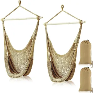 Barydat 2 Pcs Hanging Hammock Chair Boho Swing Chair Indoor Outdoor Cotton Rope Weaving Chair with 40 Inch Detachable Metal Bars for Backyard Living Room Bedroom Garden(Brown)