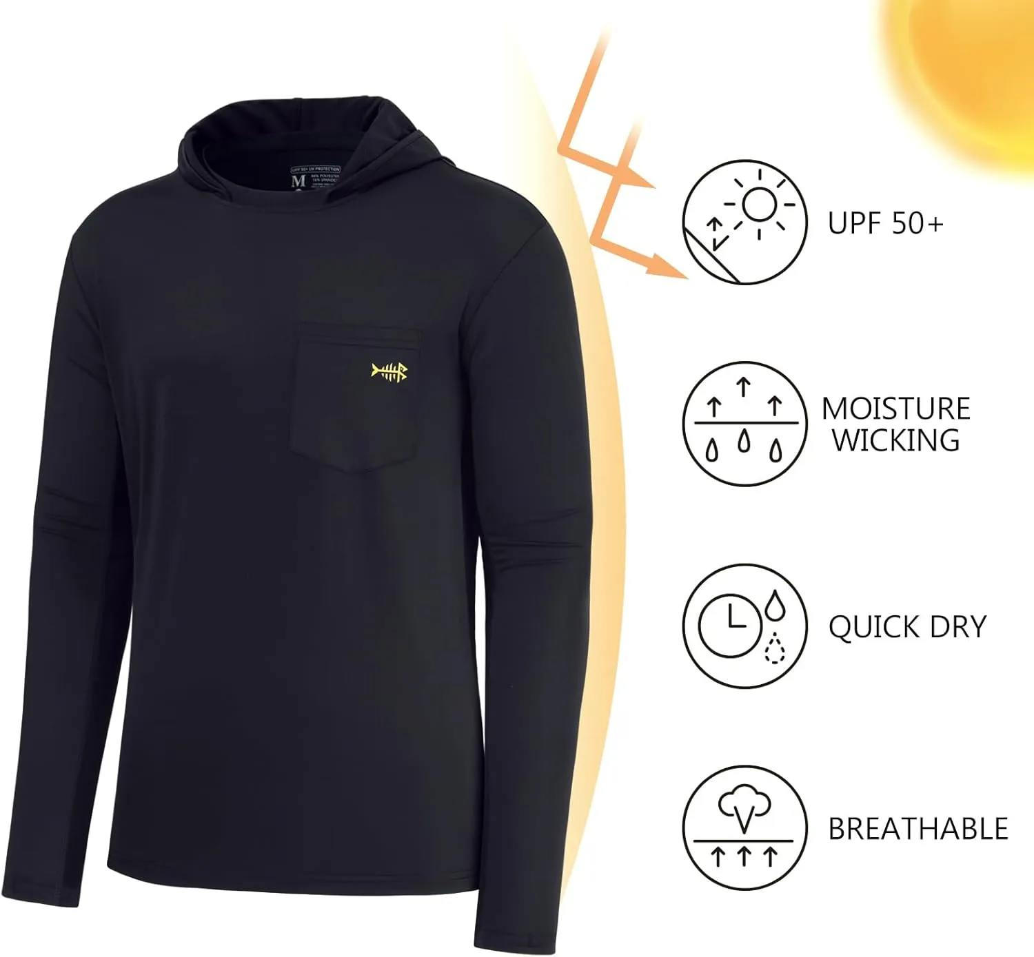 BASSDASH Men’s UPF 50  Fishing Hoodie Shirts with Chest Pocket Lightweight UV Sun Protection Long Sleeve Hiking Sports FS34M