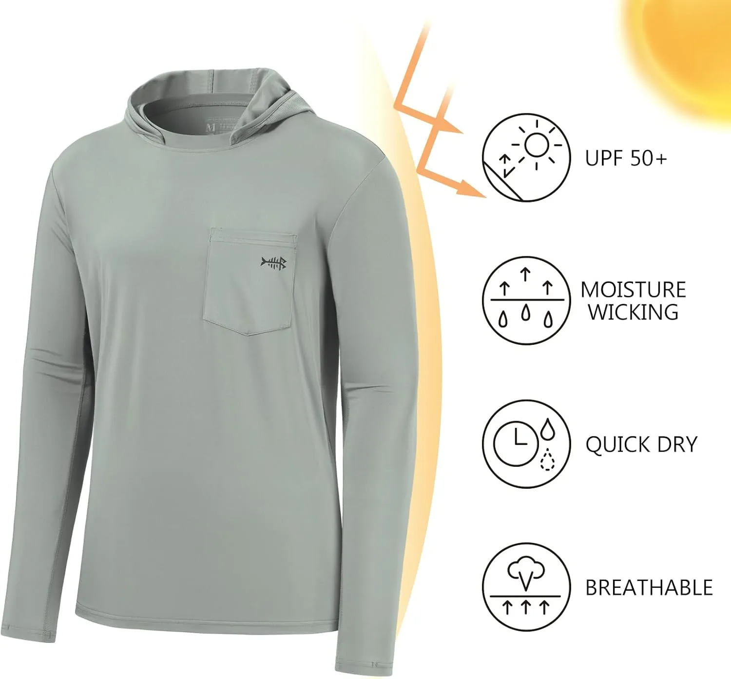 BASSDASH Men’s UPF 50  Fishing Hoodie Shirts with Chest Pocket Lightweight UV Sun Protection Long Sleeve Hiking Sports FS34M