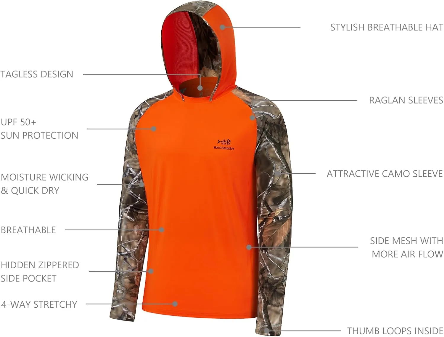 BASSDASH Men’s UPF 50 Performance Fishing Shirt Cooling Hoodie Camo Long Sleeve FS17M