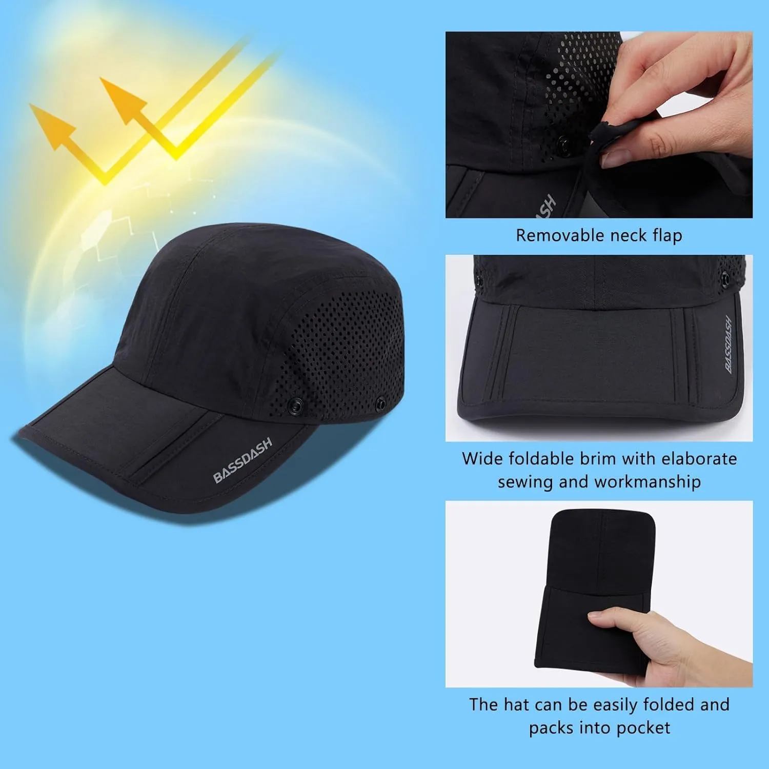 BASSDASH UPF 50  Foldable Fishing Hat Baseball Cap with Removable Neck Flap Portable for Men Women Golf Hiking