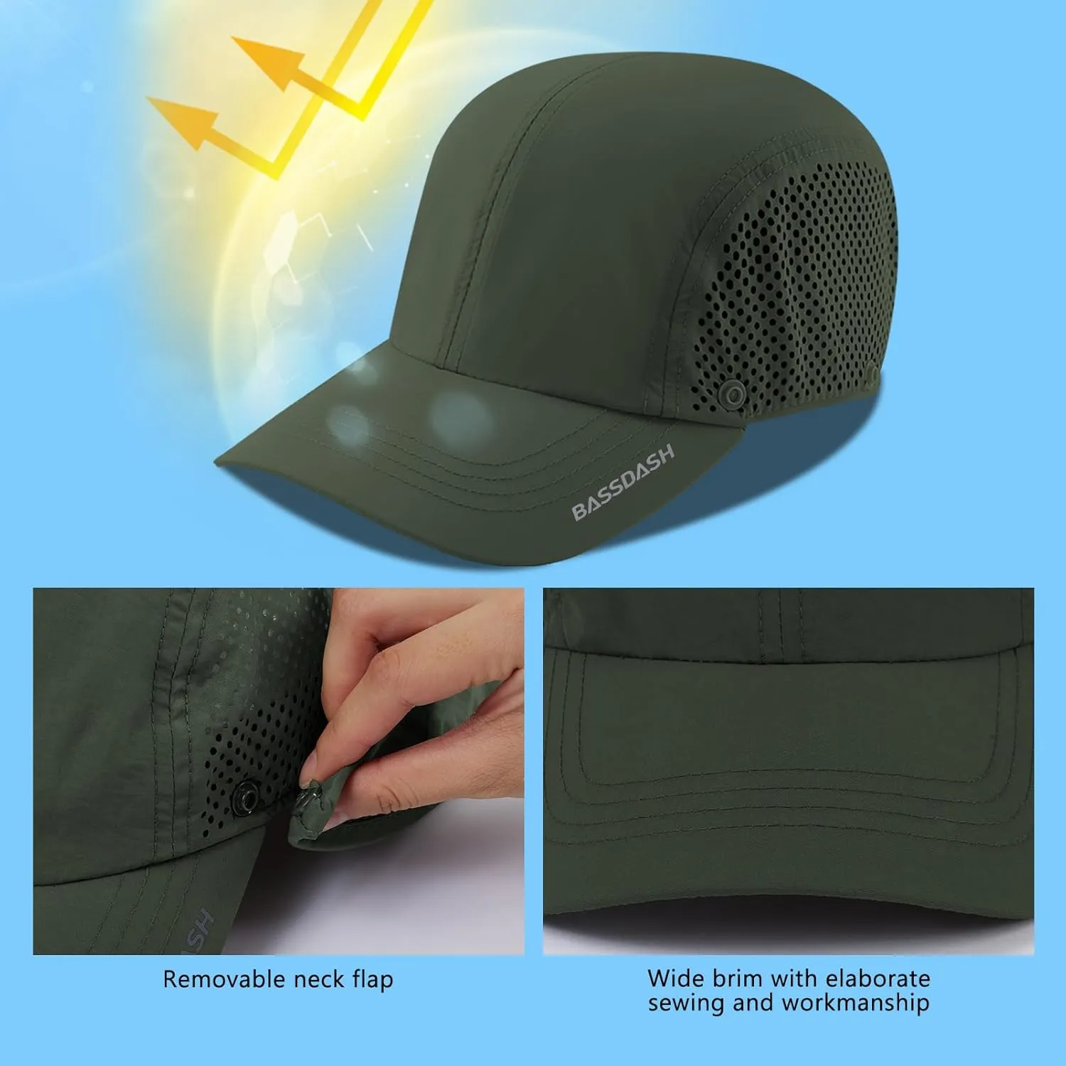 BASSDASH UPF 50  Foldable Fishing Hat Baseball Cap with Removable Neck Flap Portable for Men Women Golf Hiking