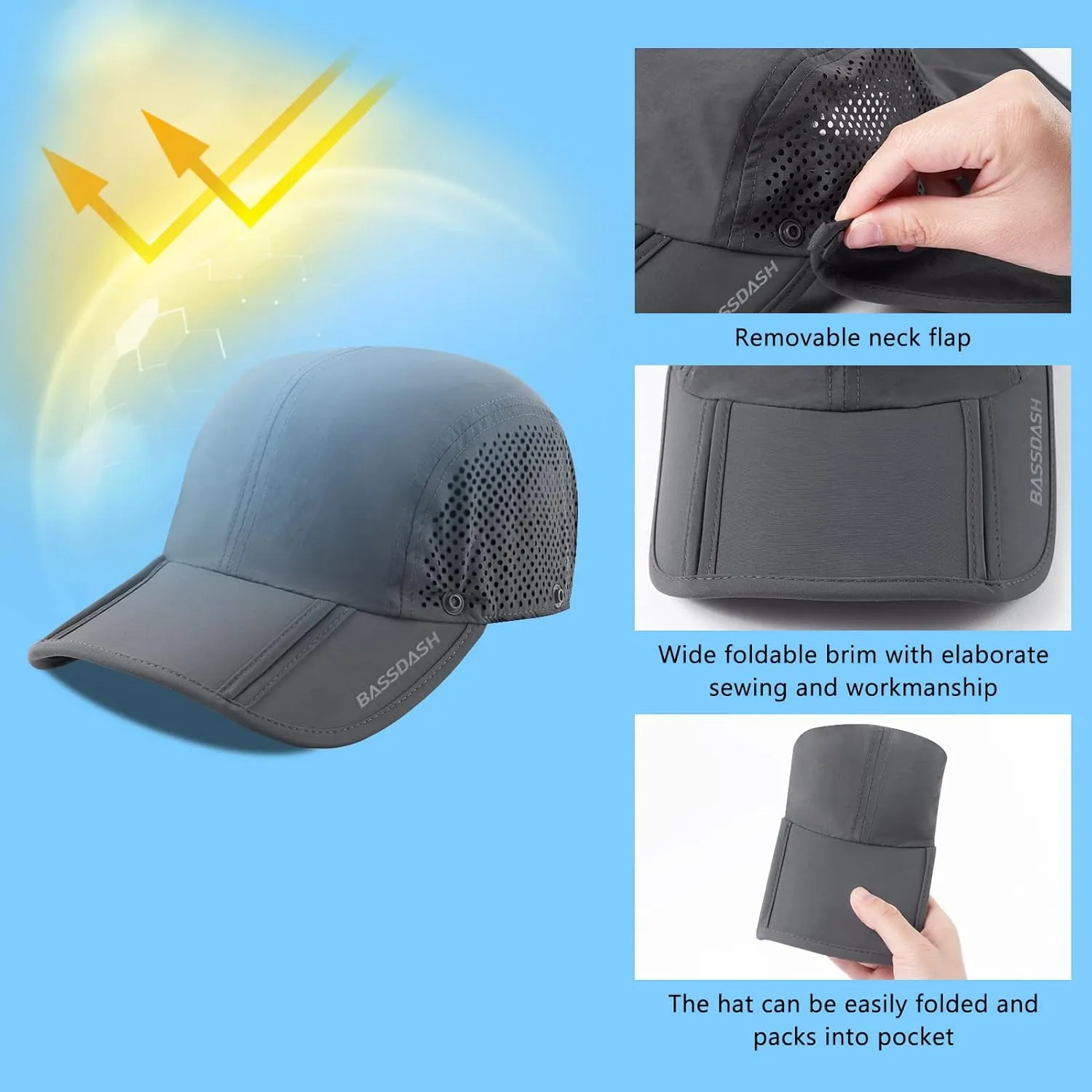 BASSDASH UPF 50  Foldable Fishing Hat Baseball Cap with Removable Neck Flap Portable for Men Women Golf Hiking