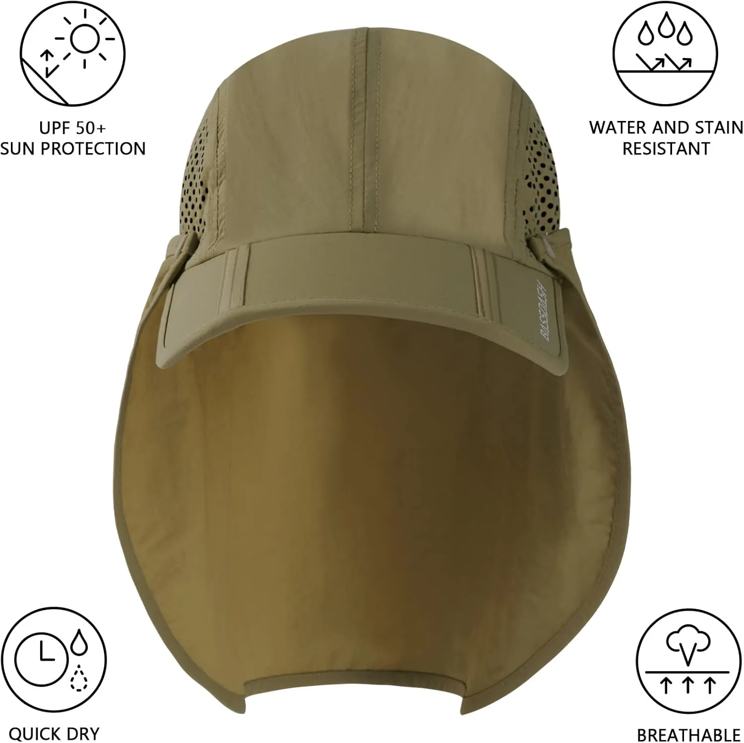 BASSDASH UPF 50  Foldable Fishing Hat Baseball Cap with Removable Neck Flap Portable for Men Women Golf Hiking