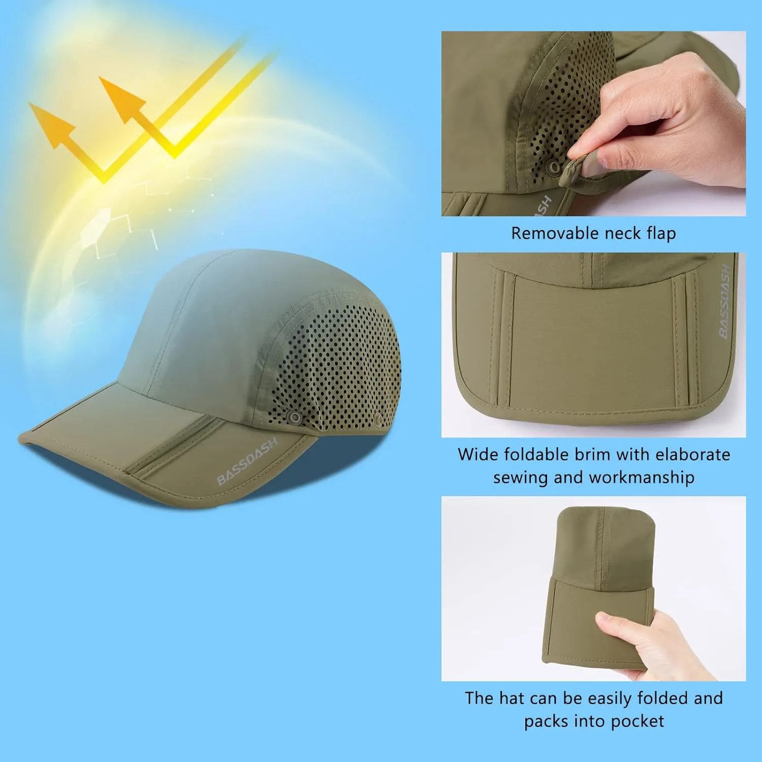 BASSDASH UPF 50  Foldable Fishing Hat Baseball Cap with Removable Neck Flap Portable for Men Women Golf Hiking