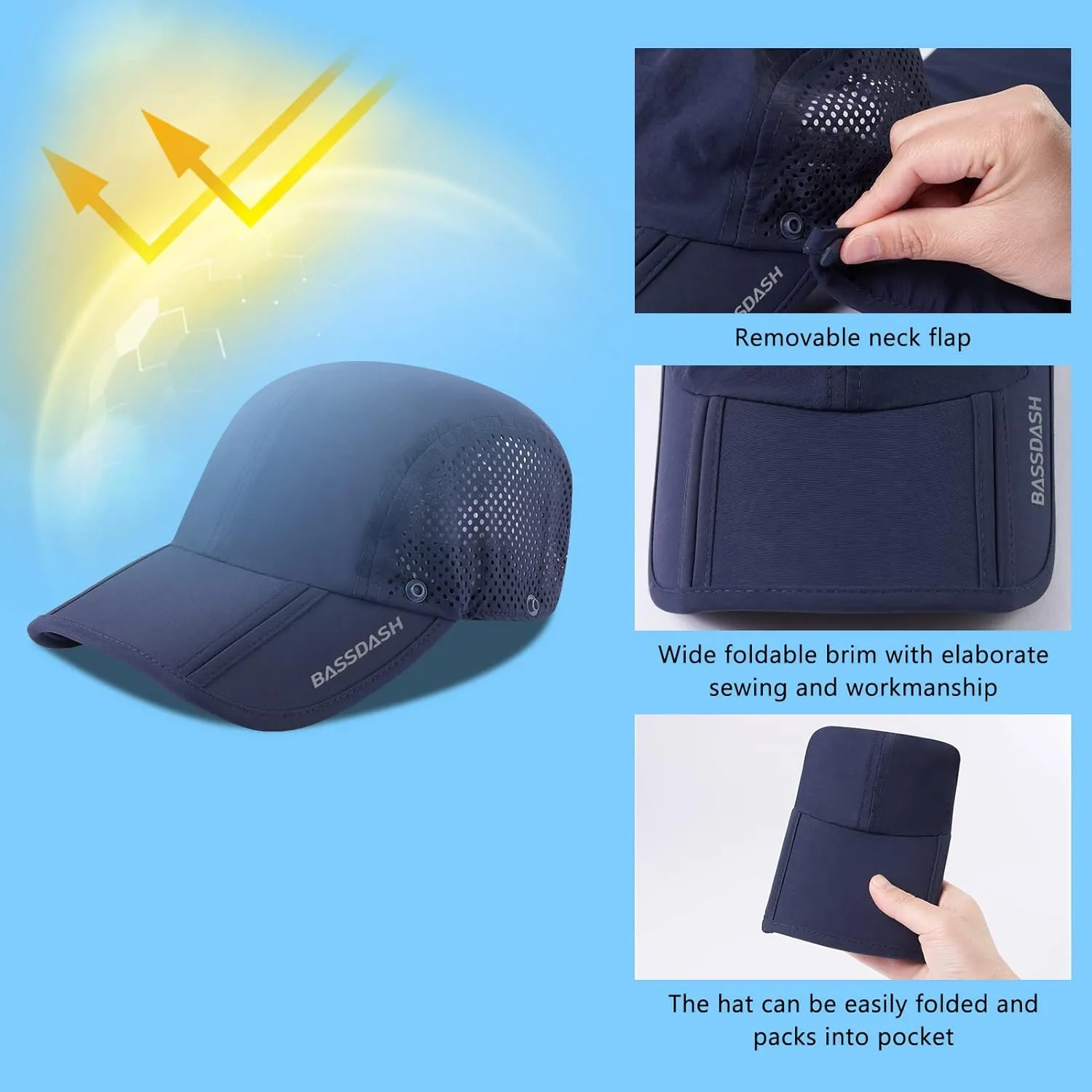 BASSDASH UPF 50  Foldable Fishing Hat Baseball Cap with Removable Neck Flap Portable for Men Women Golf Hiking