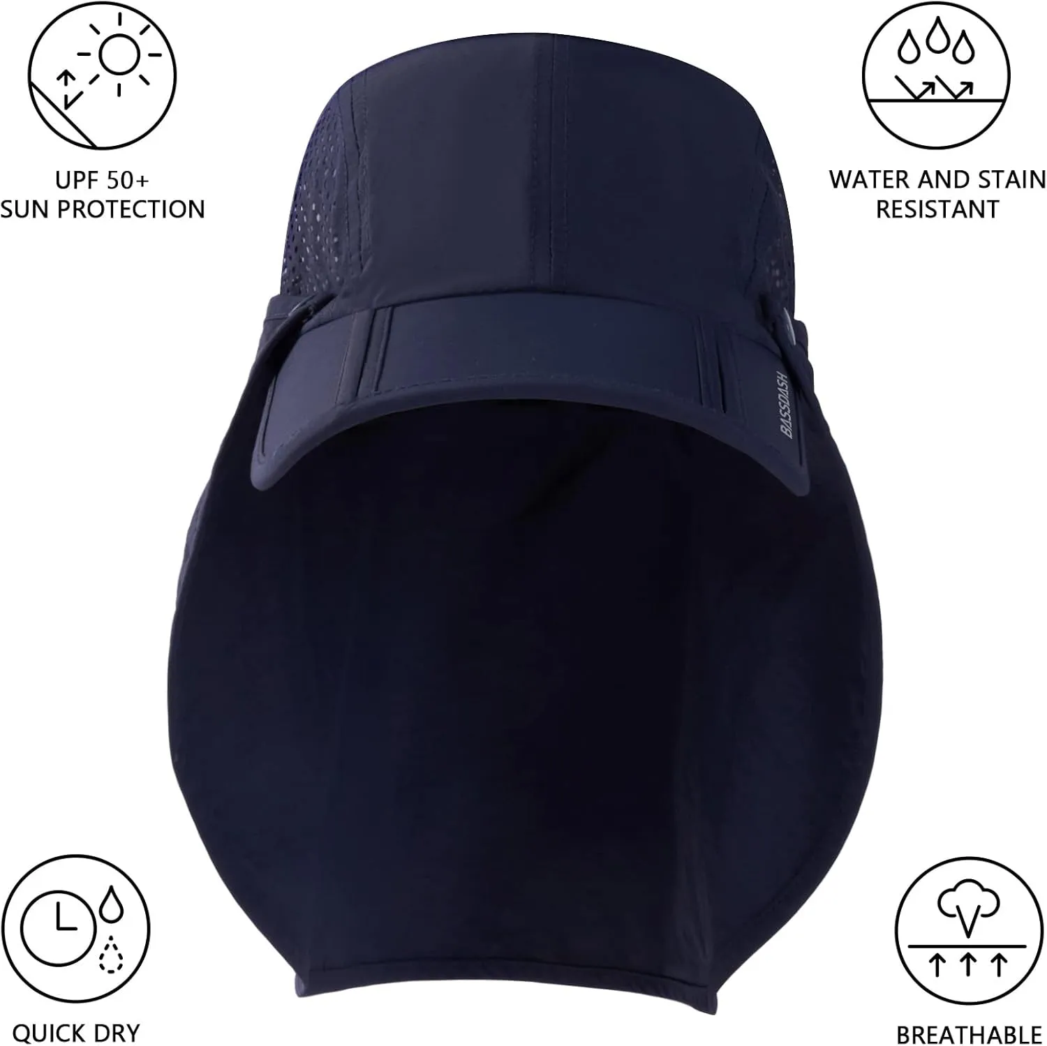BASSDASH UPF 50  Foldable Fishing Hat Baseball Cap with Removable Neck Flap Portable for Men Women Golf Hiking