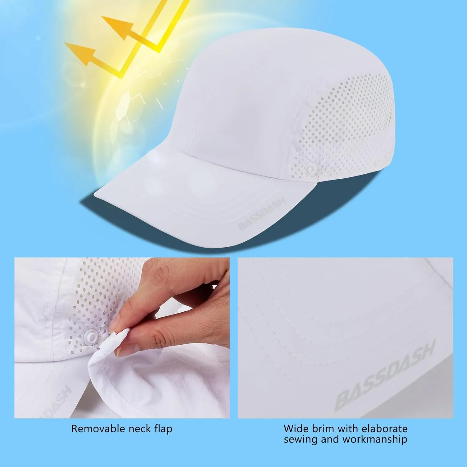 BASSDASH UPF 50  Foldable Fishing Hat Baseball Cap with Removable Neck Flap Portable for Men Women Golf Hiking