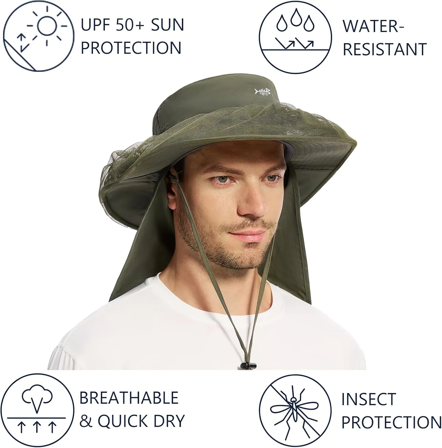 BASSDASH UPF 50  Mosquito Net Hat with Stowable Neck Flap for Men Women Outdoor Fishing Hiking Camping Gardening FH17