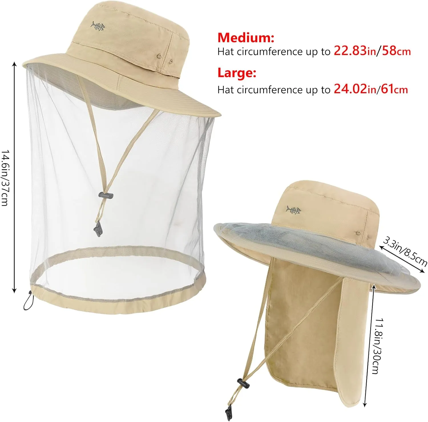 BASSDASH UPF 50  Mosquito Net Hat with Stowable Neck Flap for Men Women Outdoor Fishing Hiking Camping Gardening FH17